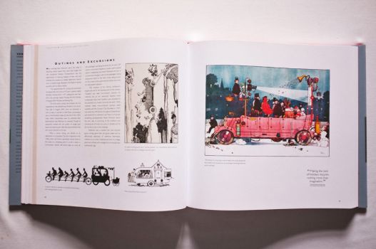 A picture essay on Outings and Excursions opens with a large colour illustration of a cinema-coach and other mobile novelties. 