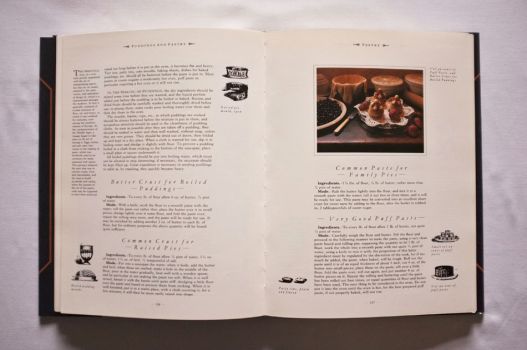 This double-page spread from Chapter 9 on Paddings and Pastry indicates how The Shorter Mrs. Beeton has retained the single column of her first edition of 1861 and moved her marginal notes and line drawings out to side columns, creating room for new colour photography such as, here, a table display of vol-vents, jelly moulds, pudding basins and ingredients for boiled puddings.