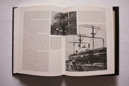On a double-page spread from the chapter on Locomotion, two black-and-white photographs record Isambard Kingdom Brunel’s steamship Great Eastern, about to be launched at Millwall on the Thames in November 1857 and moored quayside in New York in 1867. 
