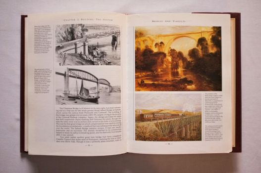 In this double-page spread from Chapter 2 of The Railways of Britain by Jack Simmons, Robert Stephenson’s collapsed bridge over the Dee at Chester and I. K. Brunel’s Royal Albert Bridge at Saltash appear in black and white on the left, John Miller’s Ballochmyle Viaduct and Brunel’s Gover Viaduct in colour on the right. 