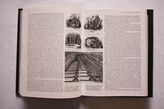 In a double-page spread from the chapter on James Watt and the Industrial Revolution, a set of black-and-white engravings illustrate how rotative steam power could be applied to weaving, scouring, washing, teazling and spinning textiles. 
