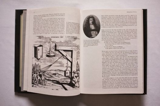 In Chapter 1 on Making Steam Work, a black-and-white portrait of the French scientist Denis Papin appears alongside an engraving of one of his model engines built in 1689. 