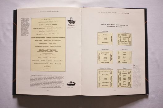 On these two pages from Chapter 15 of The Shorter Mrs. Beeton, on Dinners and Dining, sample menus are laid out on cream backgrounds for a November Service à La Russe and a Game Dinner.