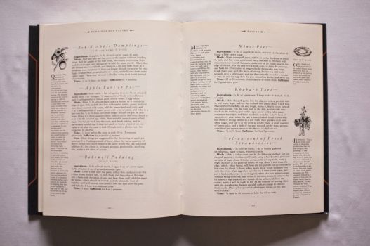 On this double-page spread from Chapter 9 of The Shorter Mrs. Beeton are six recipes for tarts and pies, including Baked Apple Dumplings and Bakewell Pudding, with line drawings of quince and rhubarb and an open tart mould. 