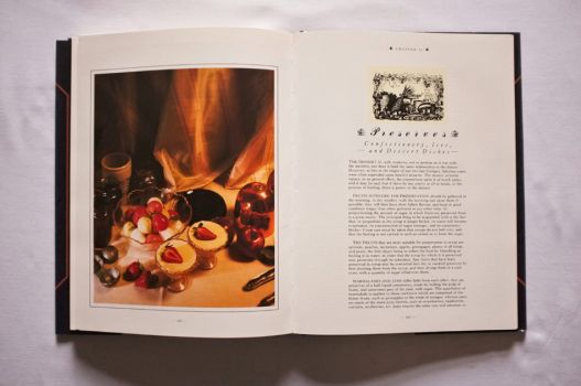 Chapter 11 of The Shorter Mrs. Beeton opens with a full-page colour photograph of fruit, compotes and jams, preserving pans, pots and jars and a dissertation on the history and preparation of Confectionery, Ices and Dessert Dishes. 