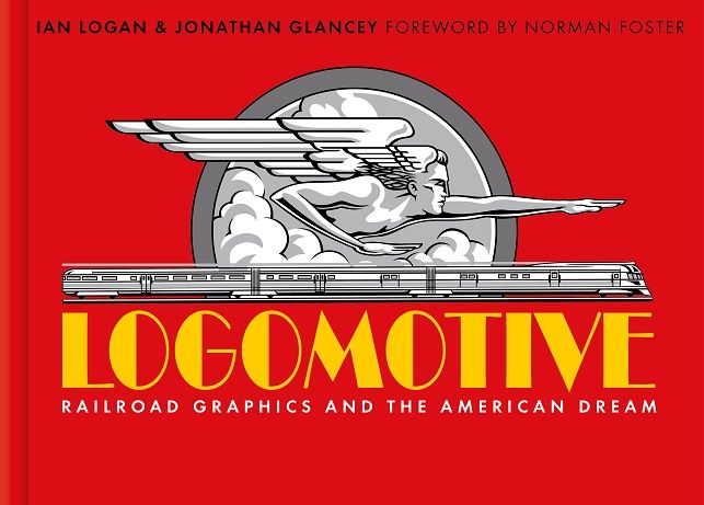 Presented on a red background is a black and white railroad graphic of Zephyrus, winged god of the west wind, pointing to the future above a speeding, three-car diesel train. The title Logomotive follows in bold, yellow, Art Deco lettering.