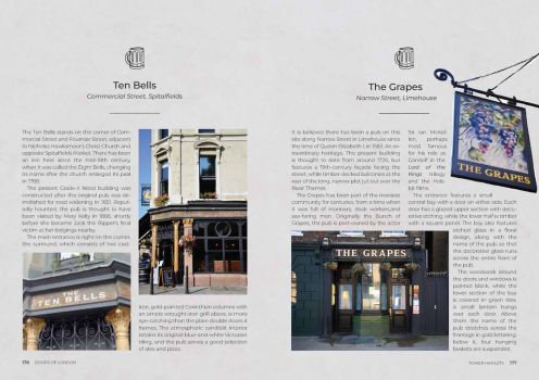 On these pages from the Doors of London you see two historic pubs, The Ten Bells in Spitalfields and The Grapes in Limehouse, illustrated with photographs of their doorways and close-ups of their signage.