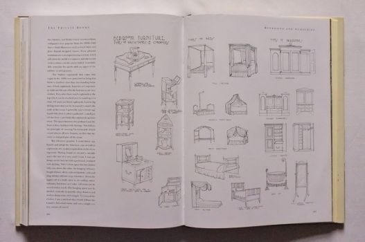 Some of the black-and-white 2,000 line drawings in The Victorian House Book by Robin Guild provide references for bedroom furniture, including types of washstands and commodes, beds and wardrobes.