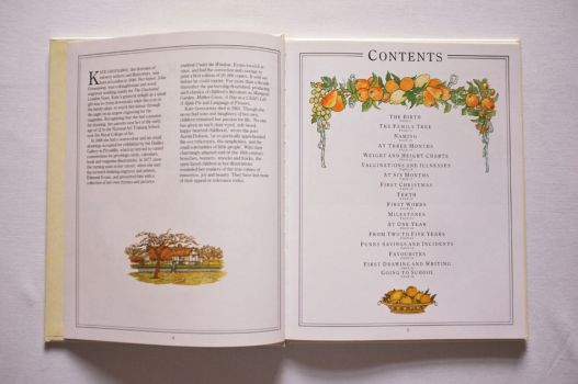 Pages 4 and 5 of The Kate Greenaway Baby Book carry a biography of Kate Greenaway and the Contents of the book, decorated with a country cottage and a garland of apples and pears.