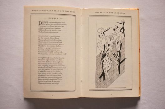 Pages 54-55 of When Grandmama Fell Off the Boat, illustrated with dinner guests in black tie.