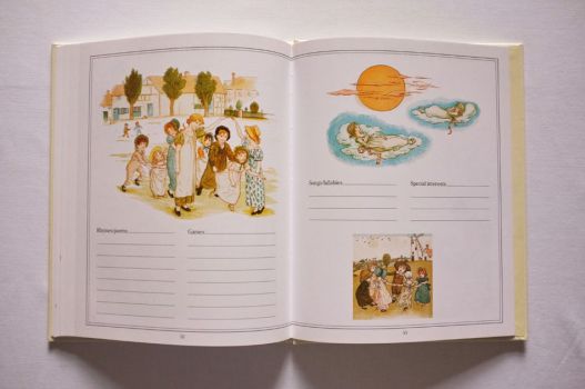 Pages 52 and 53 of The Kate Greenaway Baby Book are illustrated with groups of children playing, two girls sleeping on clouds and have spaces to record their favourite rhymes/poems, games, songs/lullabies and special interests.