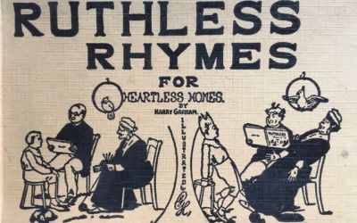 Front cover of Ruthless Rhymes for Heartless Homes by Harry Graham ;with black-and-white drawings of a family reading and being shocked by the book.