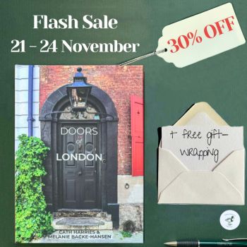 
This promotional graphic depicts the cover of the book ‘Doors of London’, on dark green wrapping paper alongside a price tag specifying that the item is 30% off and a card quoting ‘+ free gift-wrapping.’