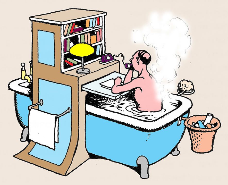 In a colour cartoon by William Heath Robinson, a man answers the phone from his bath desk.