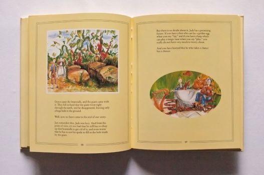 Illustrations of the Giant fallen to ground and Jack commanding his hen to lay. 