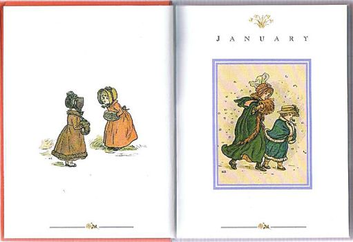 On the opening page of January in The Kate Greenaway Birthday Book, two girls wear hand muffs and a mother and son walk into a winter wind. 