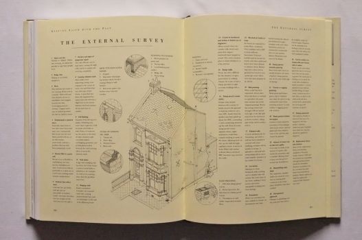 In the Technical Advice section at the end of The Victorian House Book by Robin Guild, the External Survey lists danger points to look out for when buying a house, illustrated by an annotated black-and-white line drawing with close-ups of details.