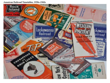 In this studio photograph shot in colour, American railroad timetables from the 1930s to the 1960s record the bold logos of the Western Pacific, Rock Island, Missouri Pacific, Wabash, New York Central, Lackawanna Railroad, Chesapeake & Ohio Lines, Great Northern Railway and Texas & Pacific Railway.