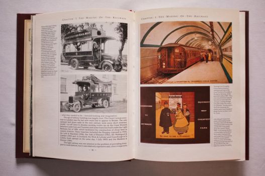 On pages 34-35 of The Railways of Britain, black-and-white photographs record the feeder buses run by railways in Suffolk and Devon at the beginning of the 20th century and postcards and posters in colour exemplify the early advertising of the London Underground.