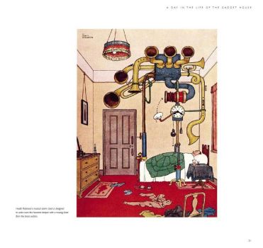 A colour illustration of a man sleeping beneath an array of horns connected to a huge alarm clock.