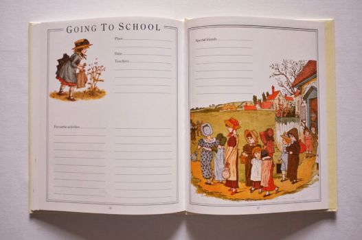 Pages 56 and 57 of The Kate Greenaway Baby Book are illustrated with a young girl carrying her school things, a line of children leaving school and space to write down details of the child’s first school, date started, teachers’ names, favourite activities and special friends.