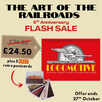 This promotional graphic depicts the cover of Ian Logan’s book 'Logomotive', which is red with yellow lettering, alongside a set of retro postcards spread out in a fan. 