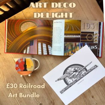 In this colour photograph, a copy of the book ‘Logomotive’ lies open at a page featuring the Art Deco architecture of the Cincinnati Union Terminal. Lying alongside it is a limited-edition, black-and-white print of the logo of the ‘Zephyr’ express train and an Art Deco milk jug.