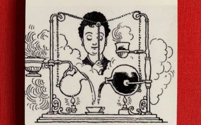 Photograph of a coaster, illustrated with the Super-De-Luxe Coffee Maker black and white line drawing and set against a red background.