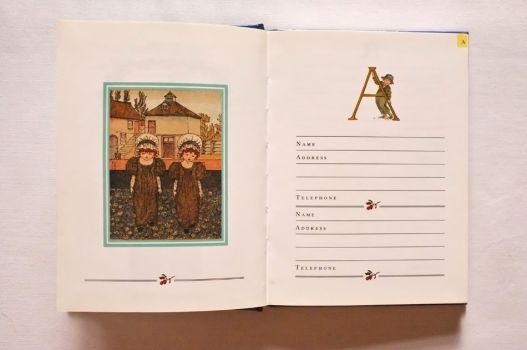 On the opening pages of the letter A, held up by a small boy, two young girls dance into a meadow of marigolds and daisies.