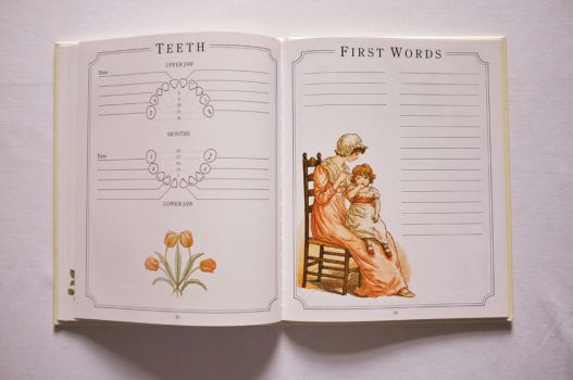 Pages 32 and 33 of The Kate Greenaway Baby Book contain a graphic to fill in with the dates of your child’s teeth, with national averages for guidance, an illustration of a mother teaching her child and space to write down First Words. 