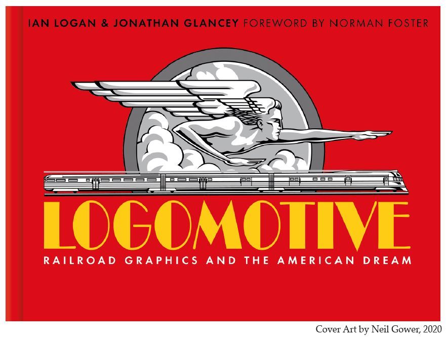 On the red front cover of Logomotive is a black-and-white railroad graphic of Zephyrus, winged god of the west wind, pointing to a streamlined future above a speeding, three-car diesel train. The title follows in bold, yellow, Art Deco lettering.