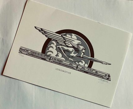 A black-and-white limited-edition print carries the image of Zephyrus, winged God of the West Wind, pointing east above a speeding three-car diesel express. 
