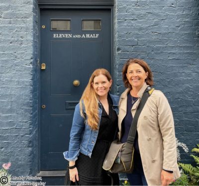In this colour photograph taken by Maddy Fletcher of ‘The Mail on Sunday’ Cath Harries and Melanie Backe-Hansen pose in front of Eleven and a Half Fournier Street, Spitalfields.