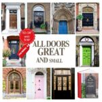 An ad for the book Doors of London, entitled All Doors Great and Small. The title is in a rectangular box in the centre, in capitalized grey serif font. The font size of the word great is bigger and the word small is smaller. Photographs of doors line the top, bottom and sides of the box. A spiky red circle, with text reading 15% off until 31/10, is overlaid on the top left corner of the box. A red price tag dangles from the red circle, reading *free delivery. A 3D graphic of the Doors of London book is in the bottom right corner of the ad.