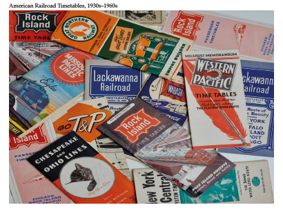 In this studio photograph shot in colour, American railroad timetables from the 1930s to the 1960s record the bold logos of the Western Pacific, Rock Island, Missouri Pacific, Wabash, New York Central, Lackawanna Railroad, Chesapeake & Ohio Lines, Great Northern Railway and Texas & Pacific Railway.
