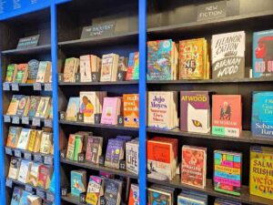 Books are displayed face forward on blue shelves, ranked by the staff or organized by theme.