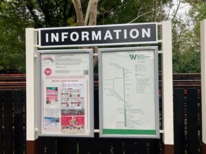 The information board on the Bricket Wood platform has been made in original LNWR style with permission from the train operating company, with Information written in white capitals on a black background.