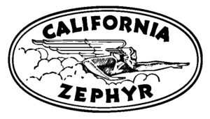 In this black-and-white Burlington ‘Zephyr’ logo set within an oval frame, the winged god of the West Wind emerges from a bed of cumulus clouds and points to the east with the words ‘California Zephyr’ above and below in bold type. 
