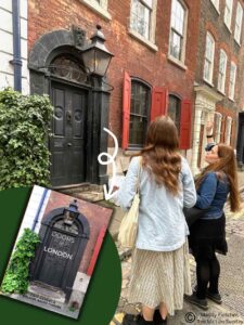 In this colour photograph taken by Maddy Fletcher of ‘The Mail on Sunday’, Cath and Mel view the Dennis Severs house in Spitalfields, chosen as the cover of their book ‘Doors of London’.