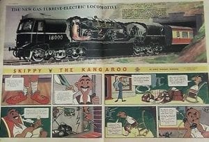 The Eagle from 14th April 1950 has a cutaway cross-section of a new gas turbine electric locomotive, the kind of technology centrefold that helped sow the engineering and design interests of Norman Foster.