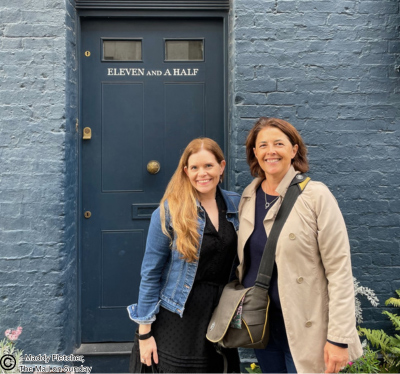 In this colour photograph taken by Maddy Fletcher of ‘The Mail on Sunday’ Cath Harries and Melanie Backe-Hansen pose in front of Eleven and a Half Fournier Street, Spitalfields.