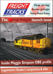 On the cover of the first issue of Freight Tracks the logo appears in the top left-hand corner, and the main features are listed in the top right and across the bottom. The cover image is the Colas Rail Freight Class 37 diesel locomotive Jonty Jarvis in black, yellow and orange livery. 