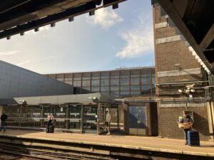 On Platform 2 at Gatwick Airport station is a glass-and-steel waiting room.