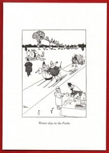 Scan of a comical christmas card from Heath Robinson