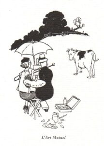 In this black-and-white line drawing, Heath Robinson imagines a couple sharing a stool, easel, canvas and palette as they paint en plein air. 