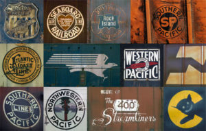 In this colour montage are some of the vintage railroad logos Ian Logan photographed on the sides of trains as he travelled across the United States of America in the 1960s and 1970s.