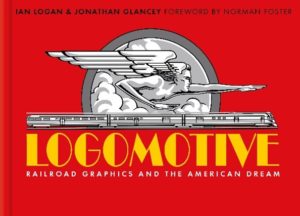 Presented on a red background is a black and white railroad graphic of Zephyrus, winged god of the west wind, pointing to the future above a speeding, three-car diesel train. The title Logomotive follows in bold, yellow, Art Deco lettering.   