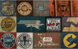In this collage of photographs taken by Ian Logan you can see the logos of the Union Pacific, Seaboard, Rock Island, Southern Pacific, Atlantic Coast Line, Missouri Pacific, Western Pacific, Burlington Northern, Southern Pacific, Northwestern Pacific, Chicago and North Western and the Chessie System.
