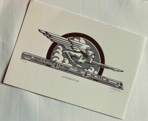 A black-and-white limited-edition print carries the image of Zephyrus, winged God of the West Wind, pointing east above a speeding three-car diesel express. 