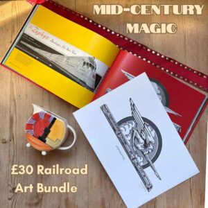 In this colour graphic headed Mid-Century Magic, a copy of ‘Logomotive’ and a limited-edition print are offered as a Railroad Art Bundle at £30. 